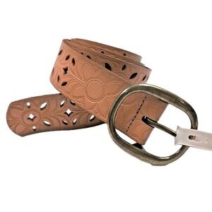 FOSSIL Leather Belt Womens L Natural Tan Floral Perforated Brass Buckle NEW NWT